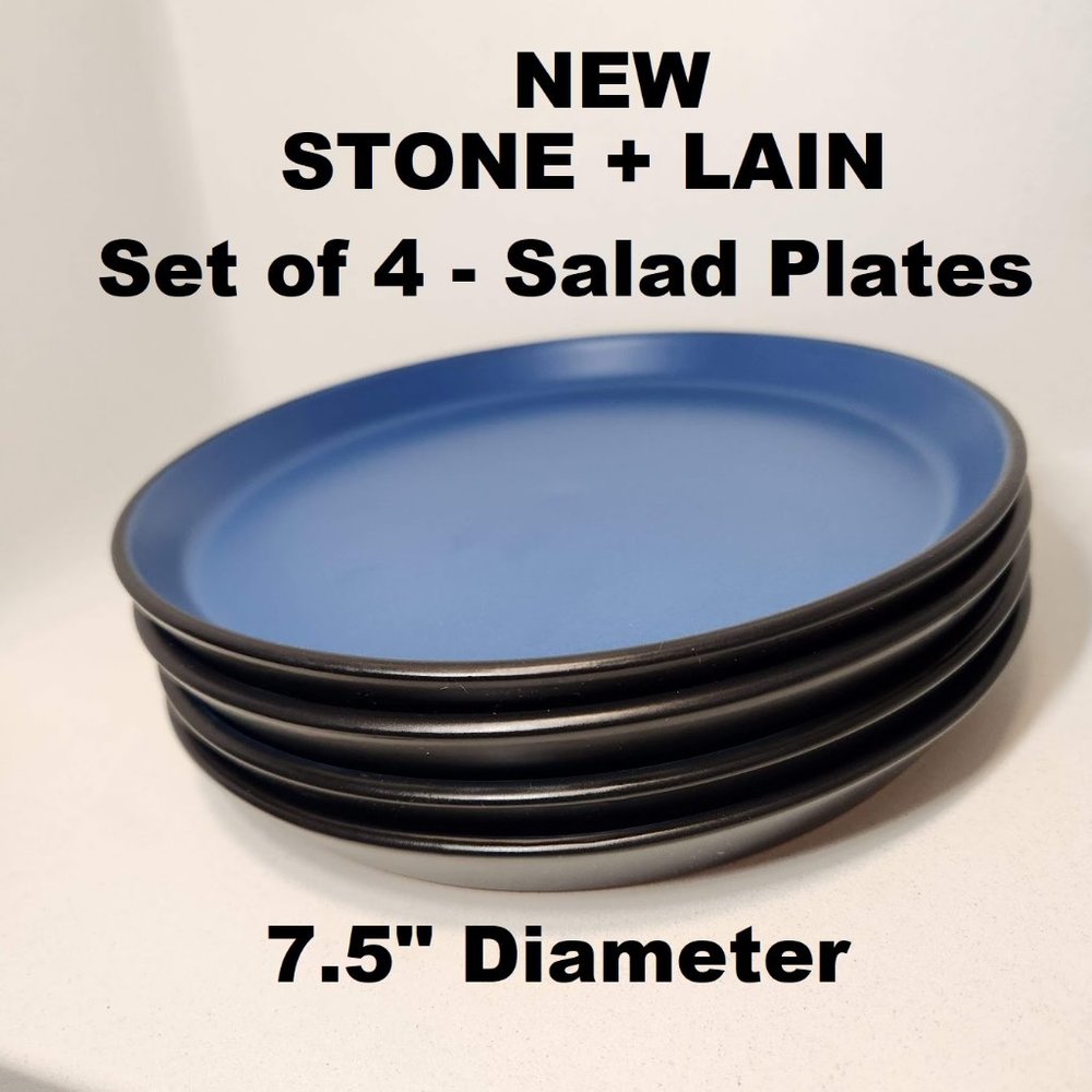 NEW Stone Lain 4 Piece Stoneware Salad Plate Replacement Set Blue and Black 7.5"